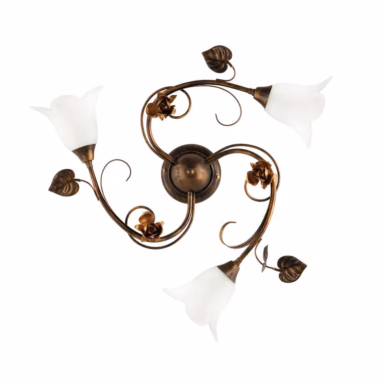Plafoniera Classica 3 Luci con Foglie Ferro Battuto e Vetro Bronzo Serie Limone