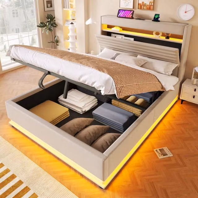 Letto imbottito con USB-C, LED e contenitore idraulico, 140x200 cm, beige