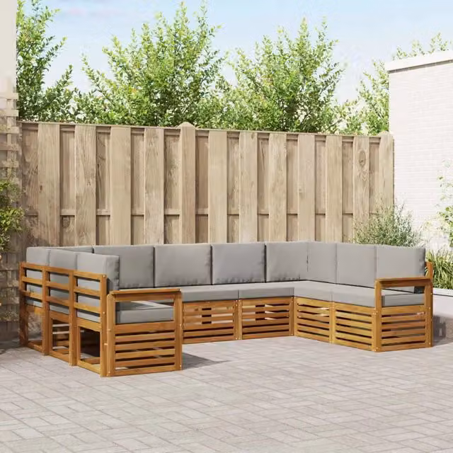Set di divani da esterno a L vidaXL in legno di acacia con cuscini grigi – 1