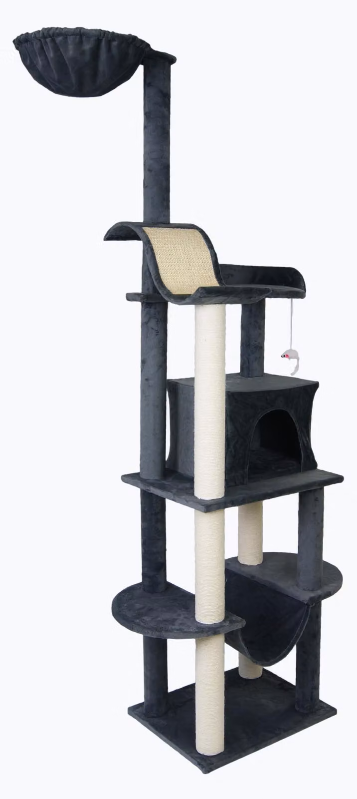 Tiragraffi beige, grigio - MONA - con cuccia, grotta, amaca, tiragraffi, topolino giocattolo, colore: grigio