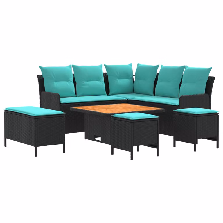Set di mobili da giardino vidaXL in rattan PE nero e turchese con 7 pezzi, inclusi divani, tavolino e pouf con cuscini imbottiti