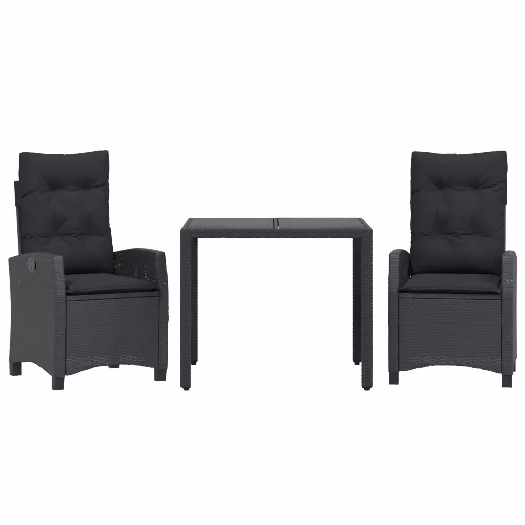 Set da Pranzo da Giardino 3 pz vidaXL in Polyrattan Nero con Cuscini e Tavolo in Vetro – 2