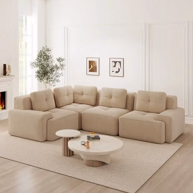 Divano Modulare L Shape Minimal in Velluto a Coste Beige con Funzione Letto per Soggiorno