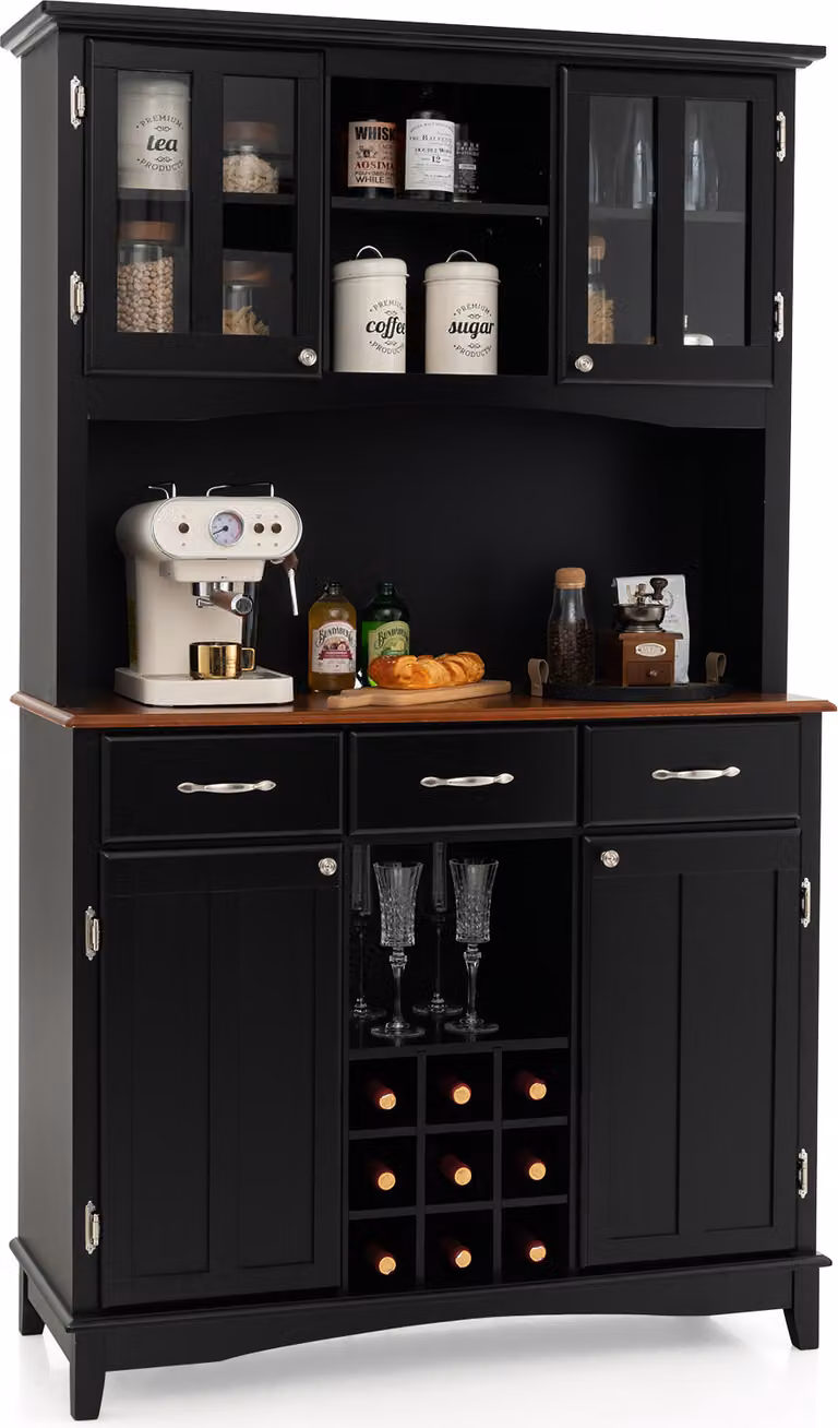 Mobile da cucina COSTWAY, buffet da cucina con 3 cassetti, armadi, portabottiglie, piano di lavoro, ripiani aperti e regolabili, colonna 112x43x184,5 cm