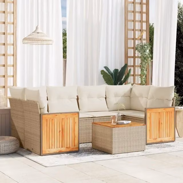Set Divani da Giardino 7 pz con Cuscini Beige in Polyrattan 3227479