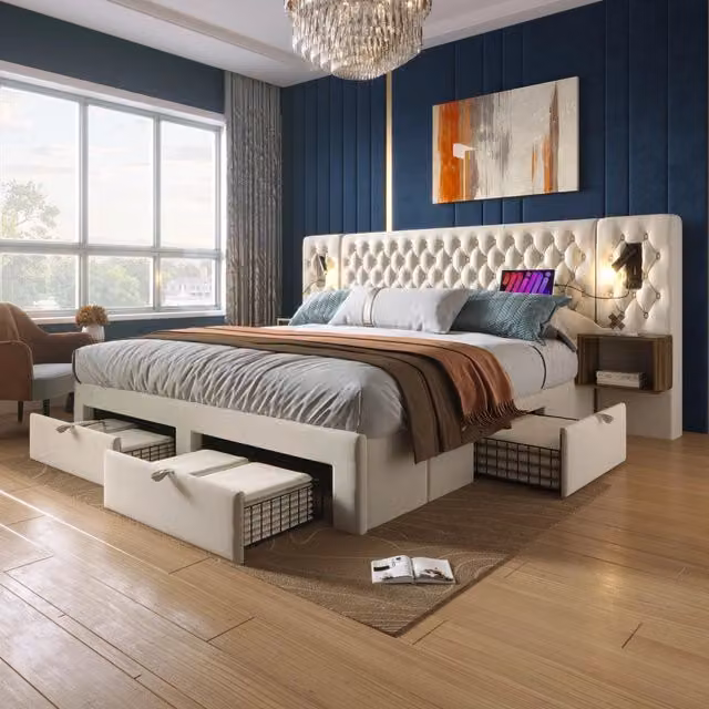 letto imbottito velluto beige 180 x 200 cm