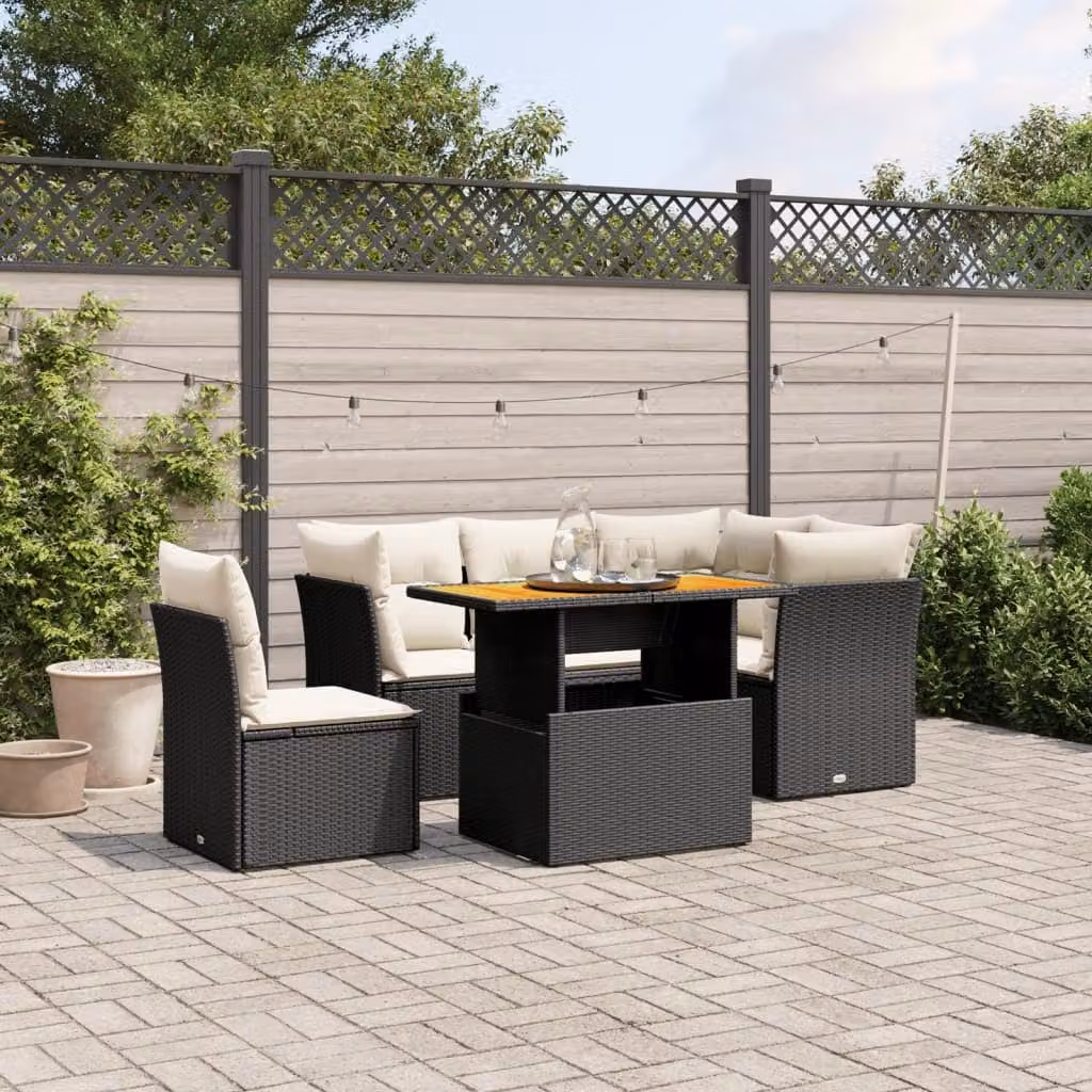 vidaXL Set Divani da Giardino a L con Cuscini, Tavolino e Struttura in Metallo e Legno di Acacia, Nero e Bianco – 1
