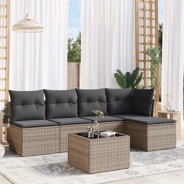 vidaXL Set Divano da Giardino 6 pz a L in Polyrattan Grigio con Cuscini e Tavolino