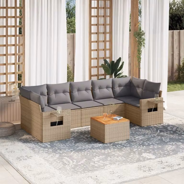 vidaXL Set Divano da Giardino a L 8 pz in Polyrattan con Cuscini Beige e Grigio