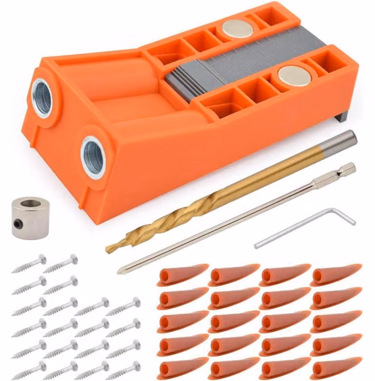 Kit per la realizzazione di fori obliqui (pocket holes), composto da 45 pezzi, con viti, chiave a Esagono, punte da trapano e guida per tasselli, ideale per la lavorazione del legno