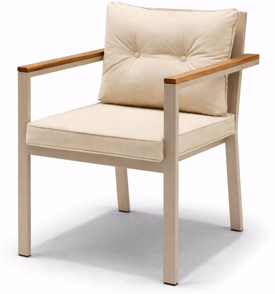 Poltrona beige elegante per soggiorno, poltrona singola con braccioli in legno