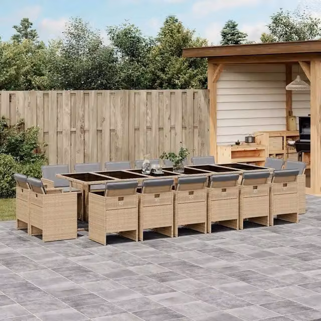 Set Pranzo da Giardino vidaXL in Polyrattan con Piano in Vetro e 17 Pezzi, Colore Beige, Nero e Grigio