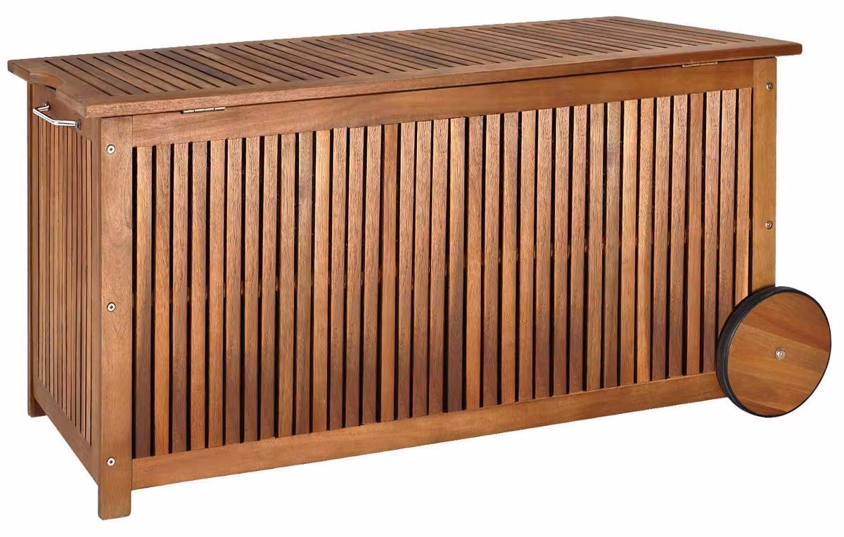 Contenitore per cuscini da giardino - 124x52x58 cm - Capacità: 350 litri - Legno di acacia, colore marrone - Con ruote