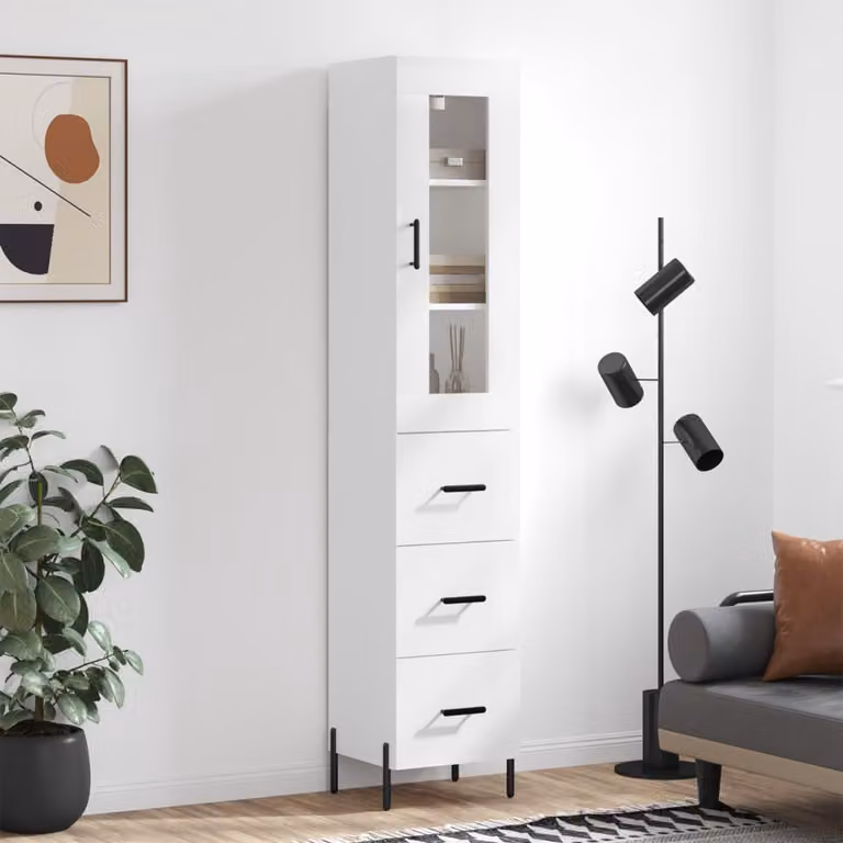 Credenza moderna bianca vidaXL con ante in vetro e ripiani interni, L/P/H: 34,5 x 34 x 180 cm