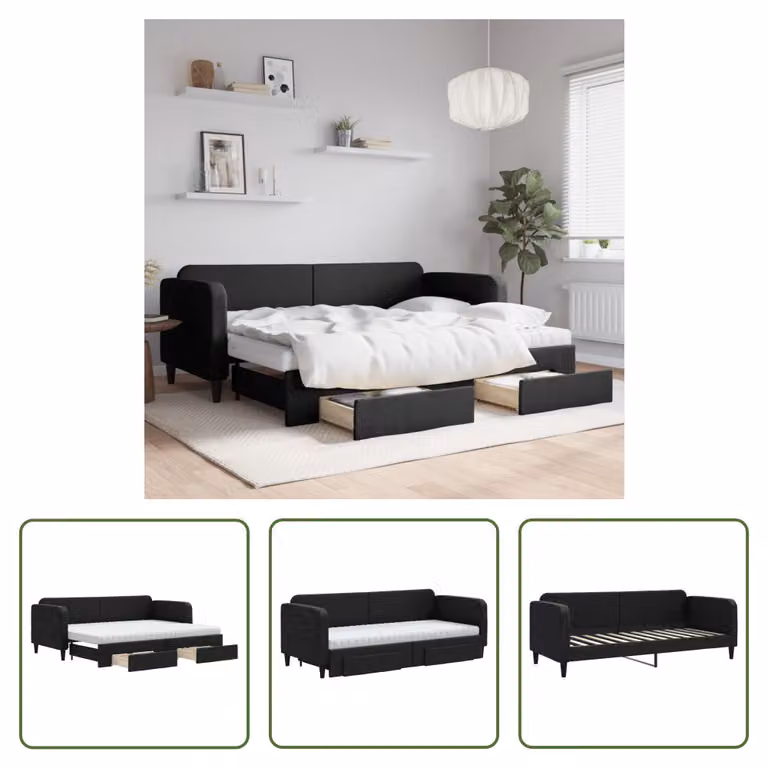 The Living Store Lettino allungabile con cassetti nero 80x200 cm in tessuto