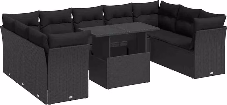 Set Divani da Giardino 10pz con Cuscini in Polyrattan Nero
