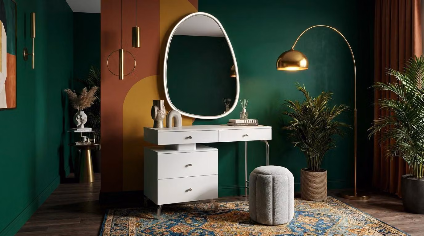 Schminktisch Spiegel Pouf Schlafzimmer Stil modern weiß rechteckig bequem