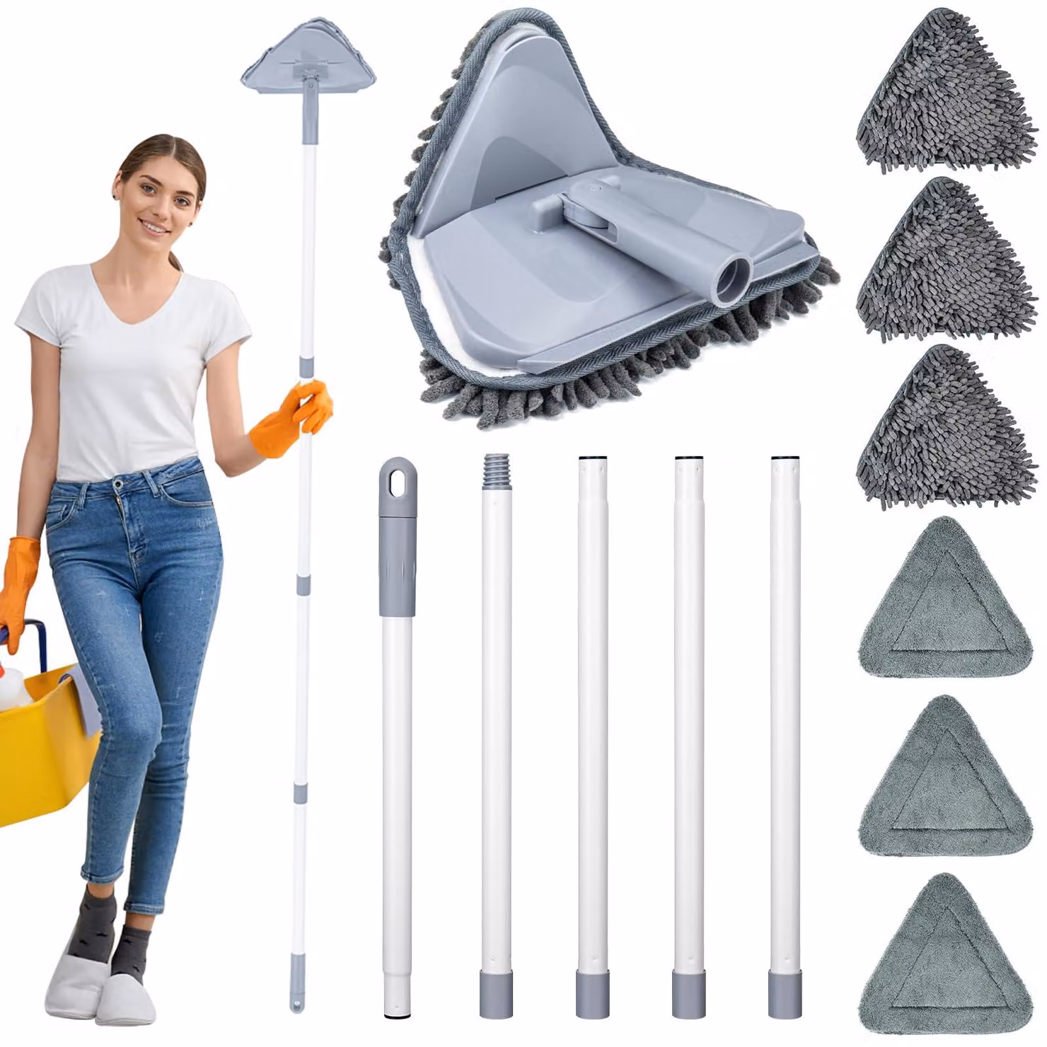 Mocio con manico telescopico da 200 cm, 6 tamponi, colore grigio