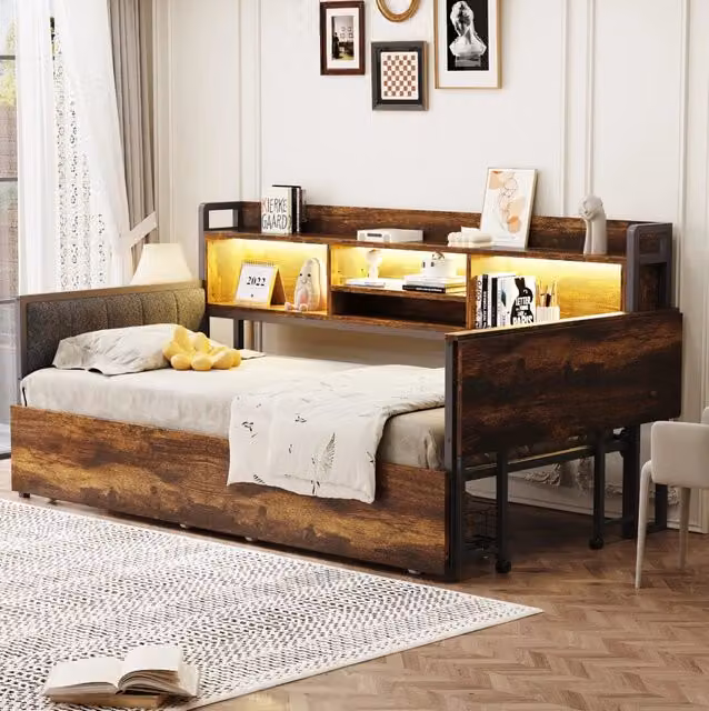 Letto singolo multifunzione 90x200 cm in metallo; colore legno naturale; con scrivania; LED e cassetti