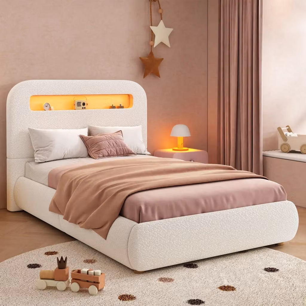 Letto Singolo con Contenitore e Illuminazione LED in Bouclé Bianco L/P: 90 x 200 cm – 2
