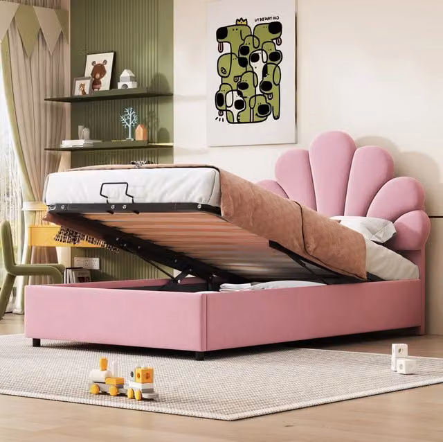 Letto imbottito 90x200 cm con contenitore idraulico e testiera floreale in velluto