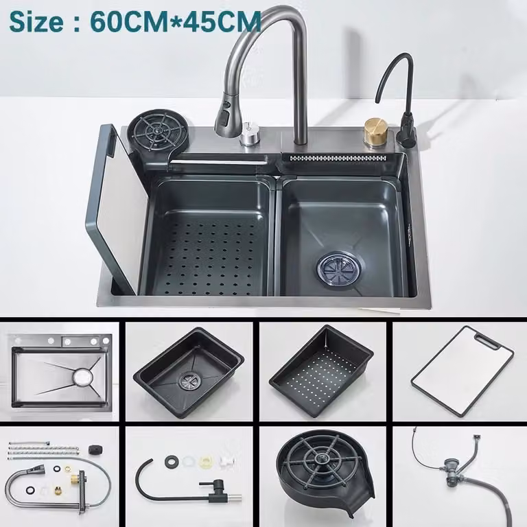 Lavello da cucina - Lavello a cascata con miscelatore - Acciaio inossidabile 304 - Grande lavello a vasca singola da incasso - Display digitale - Rubinetto a cascata con controllo touch - Superficie spazzolata - Grigio A2-Y