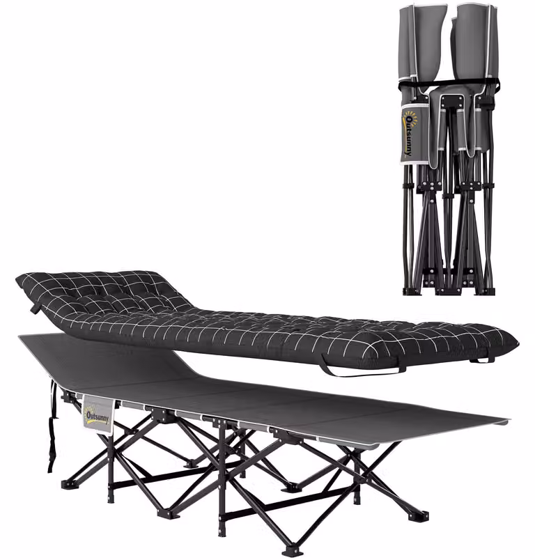 Letto da campeggio pieghevole con materasso - Colore: nero | Dimensioni: 67x190x37 cm