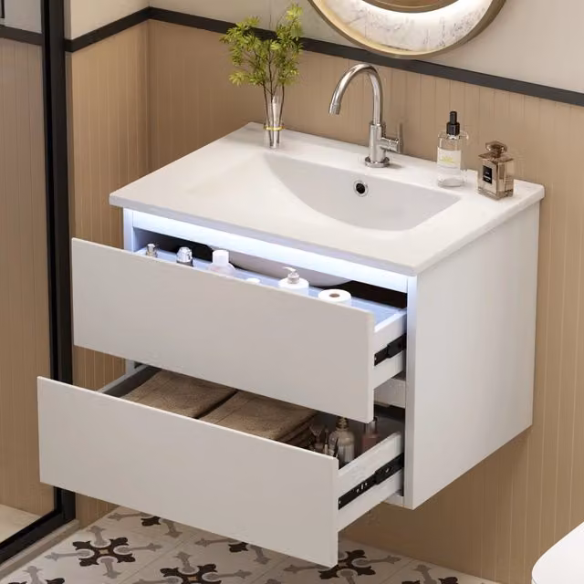 Mobile sottolavabo sospeso con lavabo in ceramica, 2 cassetti e luce LED con sensore, bianco, 61 × 46 × 45 cm