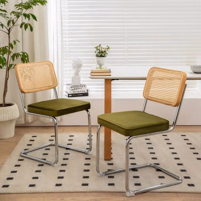 Set di 2 Sedie da Pranzo MINIMAL in Velluto e Rattan con Gambe in Metallo Cromato, Design Moderno Mid-Century, Colore Verde – 1