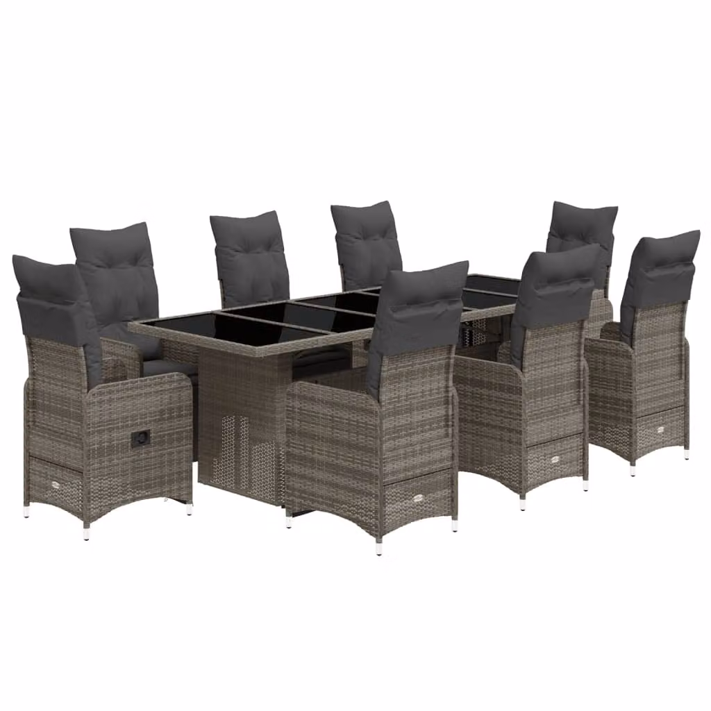 Set Bistrò da Giardino 9 pz con Cuscini in Polyrattan Grigio
