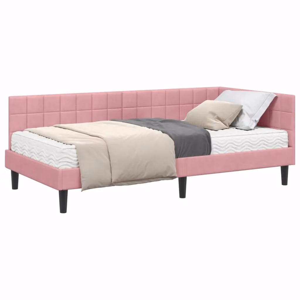 Letto angolare con struttura imbottita in velluto e 2 materassi in schiuma vidaXL, Rosa, L/P/H: 90 x 200 x 103 cm – 2
