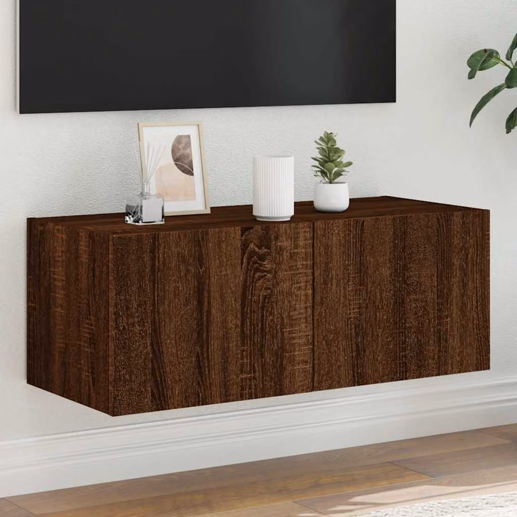Mobile TV a parete vidaXL con luci LED integrate, Rovere Marrone, L 80 cm x P 35 cm x H 31 cm
