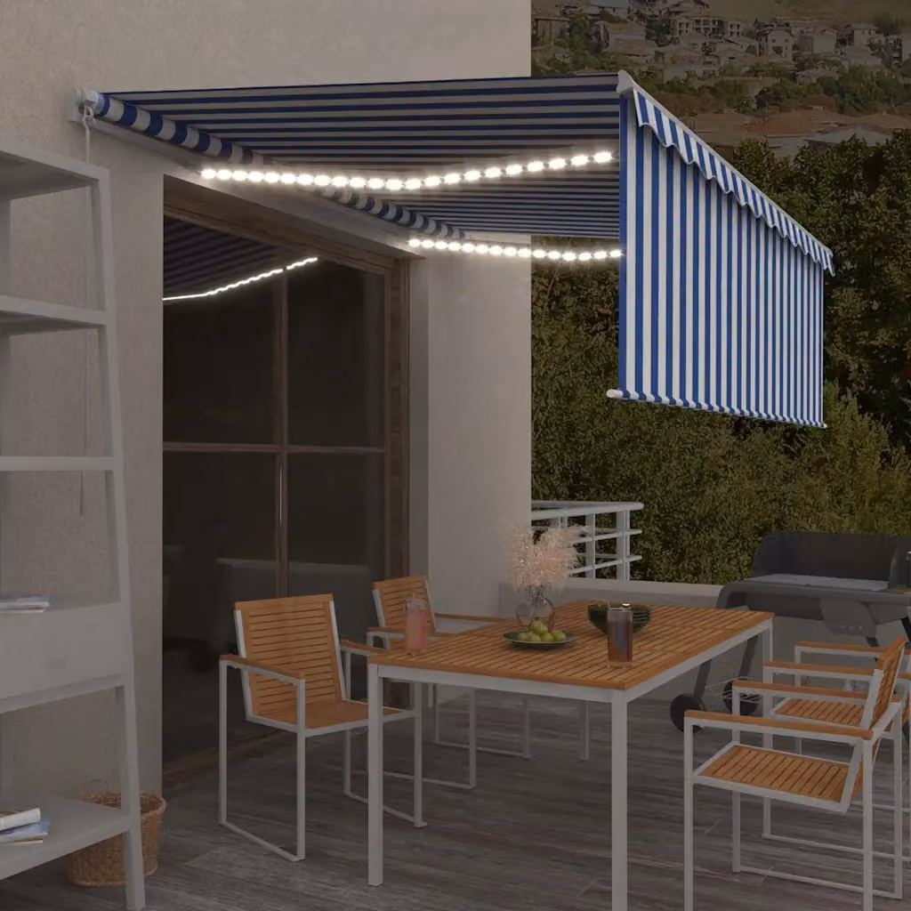 vidaXL Tenda Sole Retrattile Manuale con LED in Alluminio e Poliestere, Blu e Bianco, L: 400 cm, P: 120 cm