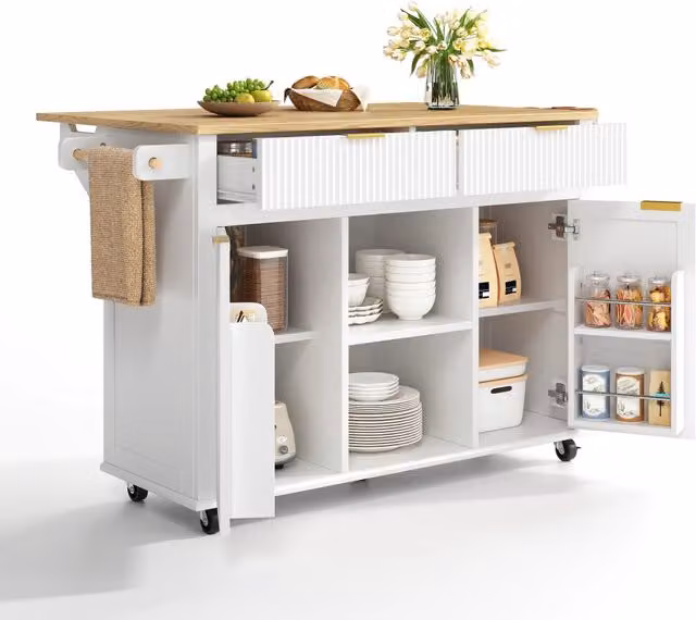 Isola da cucina con ruote 143 x 45 x 89;5 cm; piano di lavoro pieghevole; 2 cassetti e 2 ante; bianco e naturale