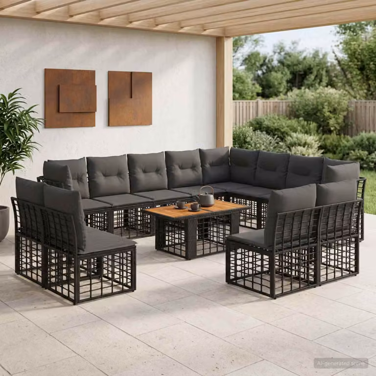 Set Divano da Giardino vidaXL 13 Pezzi in Polyrattan Nero e Grigio con Cuscini e Tavolino da Caffè