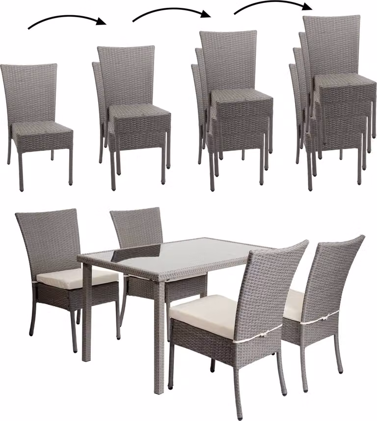 Set in poly-rattan HWC-G19, set da balcone/lounge, 4xsedie+tavolo, 120x75cm ~ grigio, cuscini crema