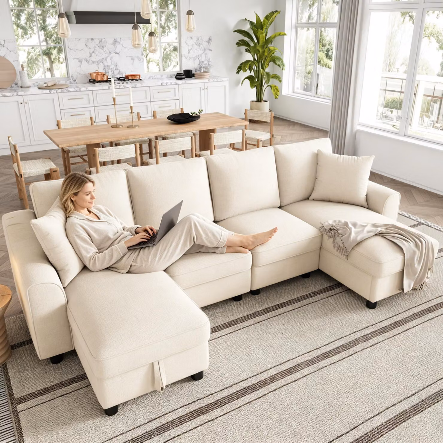 Divano ad angolo a 4 posti Merax a forma di U, divano con 2 contenitori per letti, divano ad angolo in ciniglia con 2 chaise longue, salotto componibile con cuscini, divano modulare, divano, beige