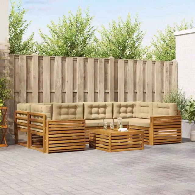 Set di divani da esterno vidaXL a forma di L composto da 7 pezzi con tavolino da caffè, in legno di acacia trattato e tessuto beige – 1