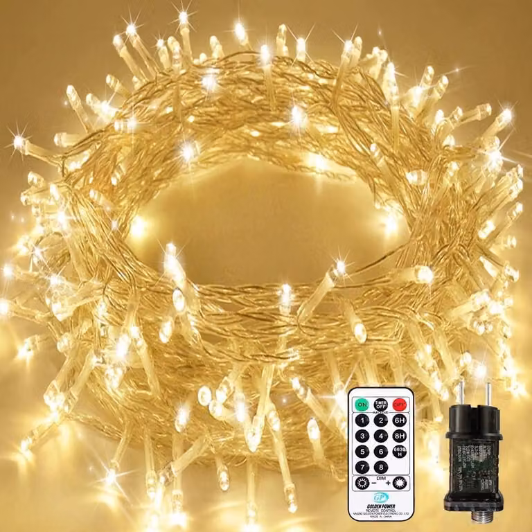 Catena luminosa da 25 metri, con 200 LED, telecomando, 8 modalità, luce bianco caldo
