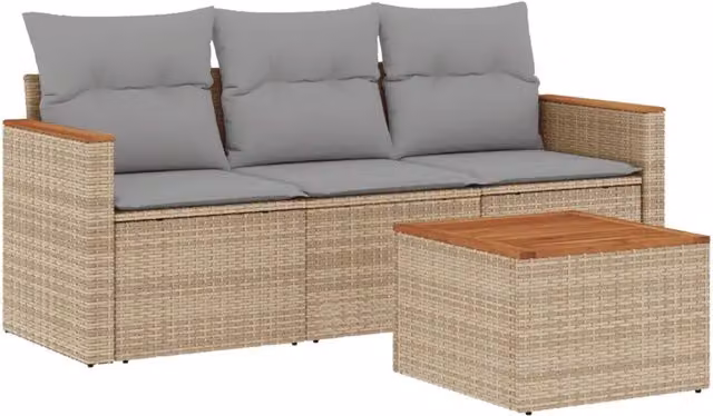 Set Divano da Giardino 4 pz | Set Salotto da Giardino con Cuscini Beige in Polyrattan