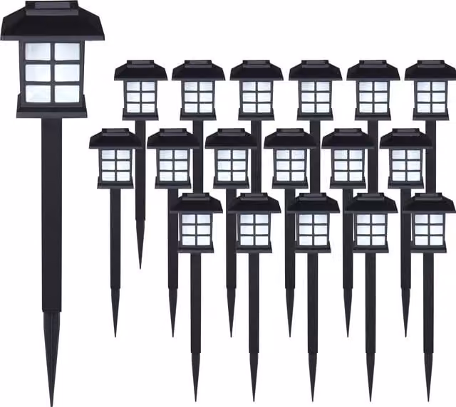 Set di 18 lanterne solari LED Monzana nero con luce bianca calda e sensore crepuscolare per giardino, terrazzo e balcone