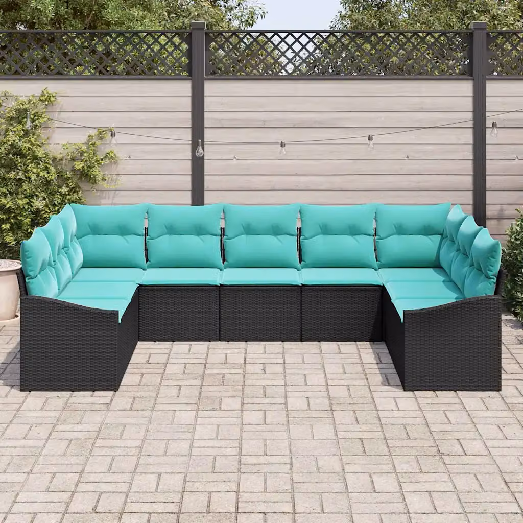 Set di divani da giardino vidaXL 9 pezzi in polyrattan nero e turchese con cuscini inclusi e struttura in acciaio verniciato a polvere