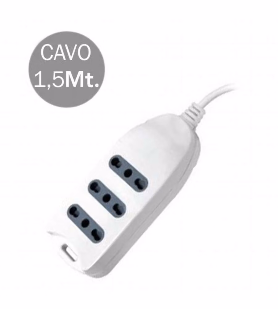 Multipresa con Cavo 1,5mt 3 Prese 10/16A 2P+T Bipasso con Attacco a Parete con Spina 16A 2P+T Colore Bianco