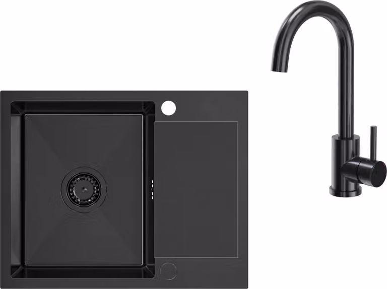 VBChome Lavello in acciaio inox con rubinetto 60 x 48 cm Nero Lavello da incasso a due fori Lavello da cucina a vasca grande con scolapiatti Rubinetto da cucina a sifone