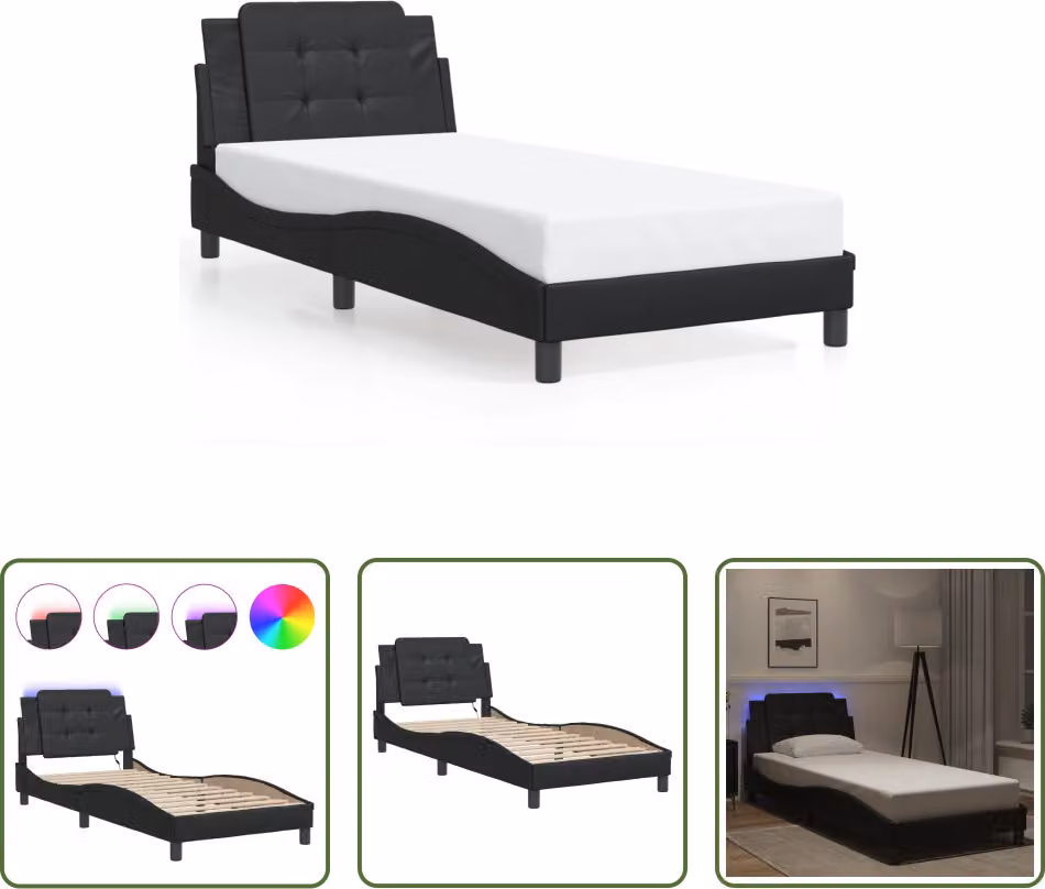 The Living Store Struttura letto con LED nero 90x200 cm in ecopelle