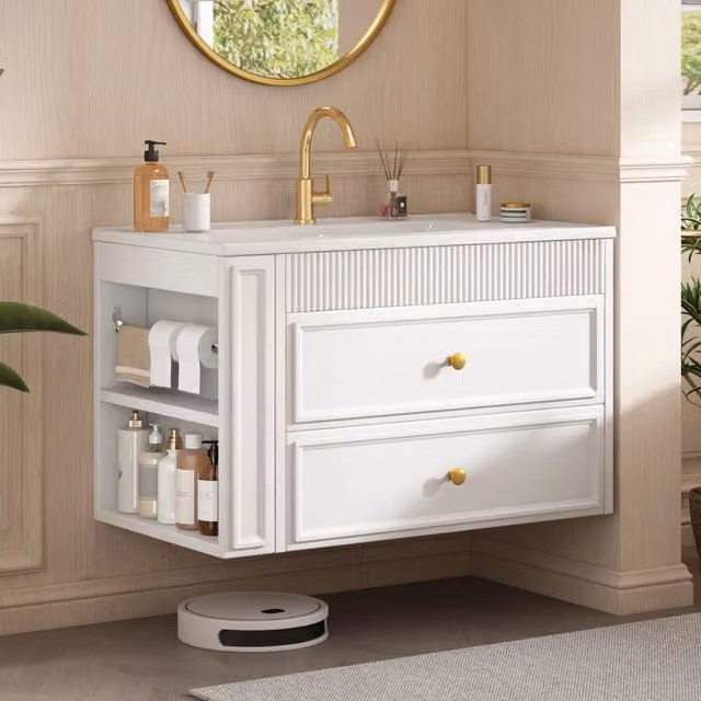 Mobile bagno sospeso 81 cm bianco lucido con lavabo in ceramica, cassetti, ripiano laterale e portarotolo. Senza rubinetto