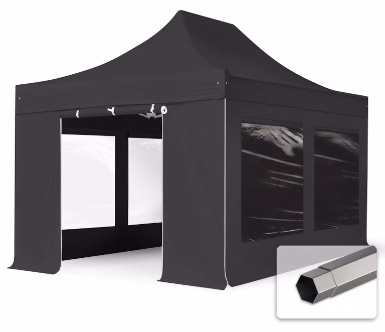 TOOLPORT 3x4,5m gazebo pieghevole con laterali (finestre panoramiche), PREMIUM acciaio, grigio scuro