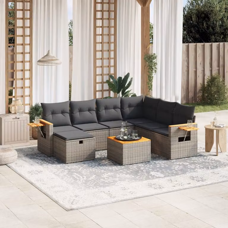 vidaXL Set Divano da Giardino a L 8 pz con Cuscini Grigio in Polyrattan e Struttura in Acciaio