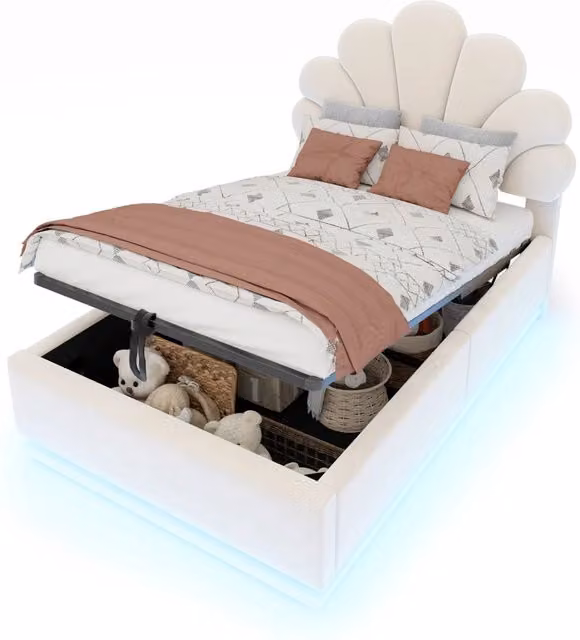 Letto singolo 90x200 cm con contenitore idraulico; LED e rivestimento in velluto beige