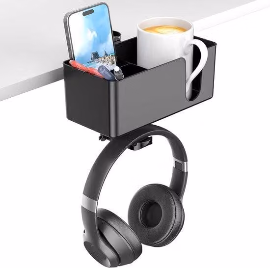 Supporto multifunzione da scrivania con porta cuffie e porta cuffie con microfono, base per scrivania, supporto per cuffie, supporto girevole per cuffie e portabicchieri removibile, portapenne e organizer per bicchieri e telefono cellulare (nero)